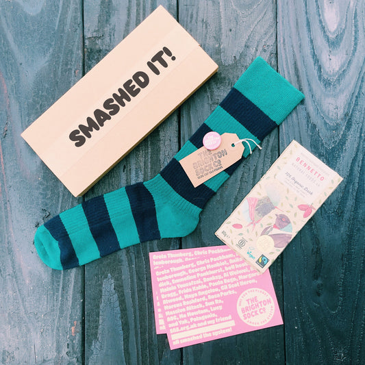 The Seaside Gift Box - green stripy socks, organic choc and free merch!