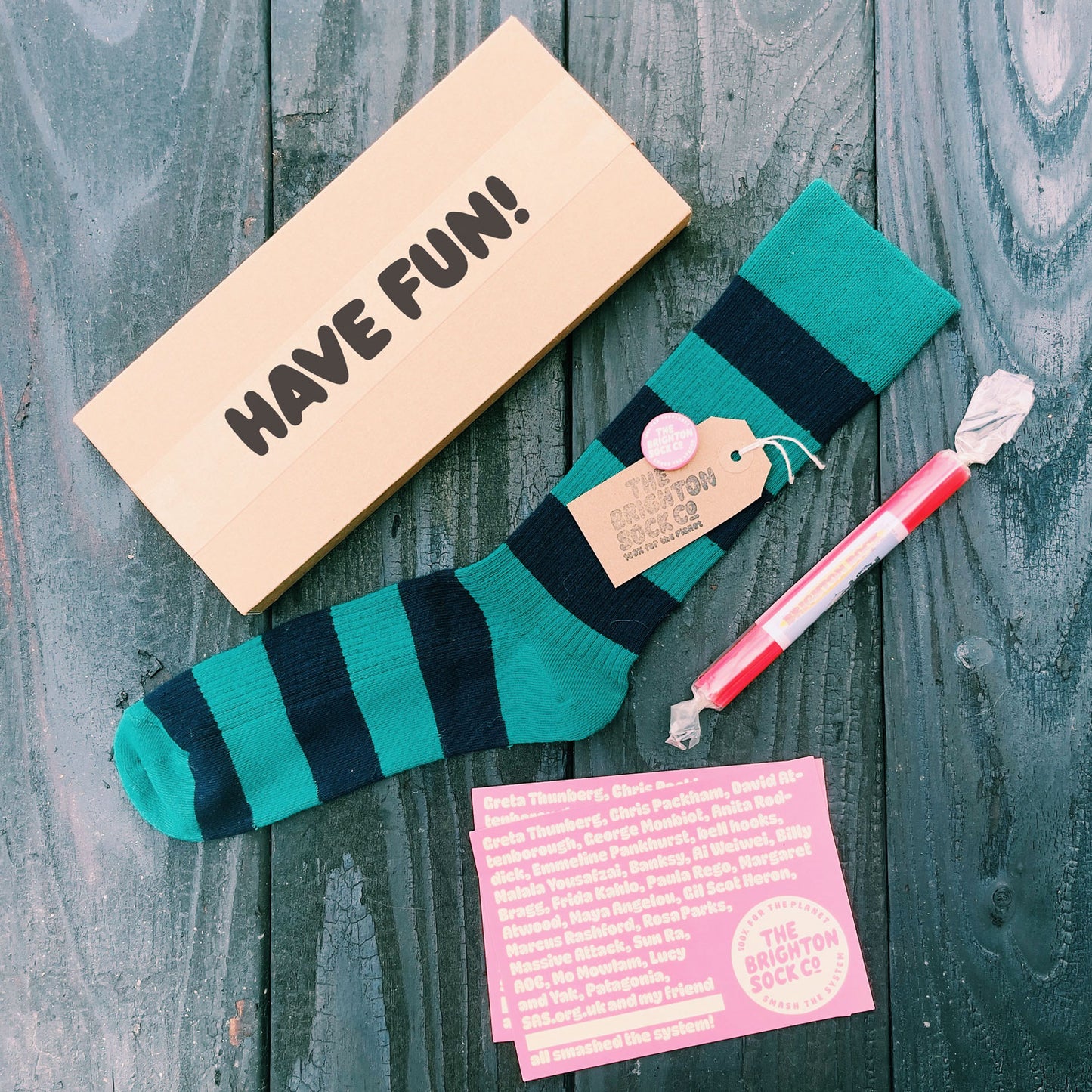 The Lanes Gift Box - green stripy socks, Brighton rock and free merch!