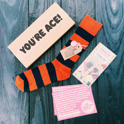 The Seaside Gift Box - orange stripy socks, organic choc and free merch!