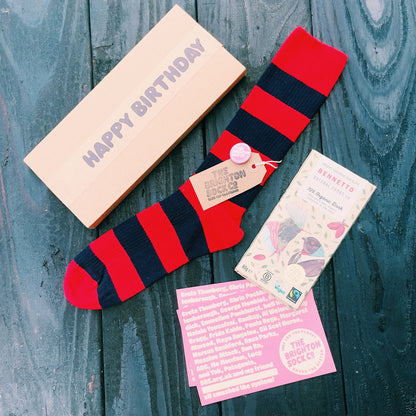 The Seaside Gift Box - red stripy socks, organic choc and free merch!